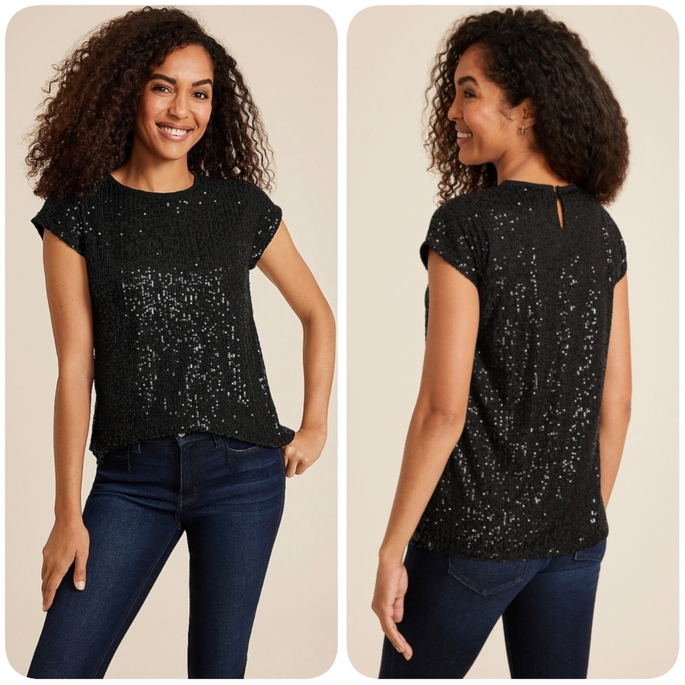 NWT Mauries Edgely Black Sequin Top Blouse Keyhole Back
